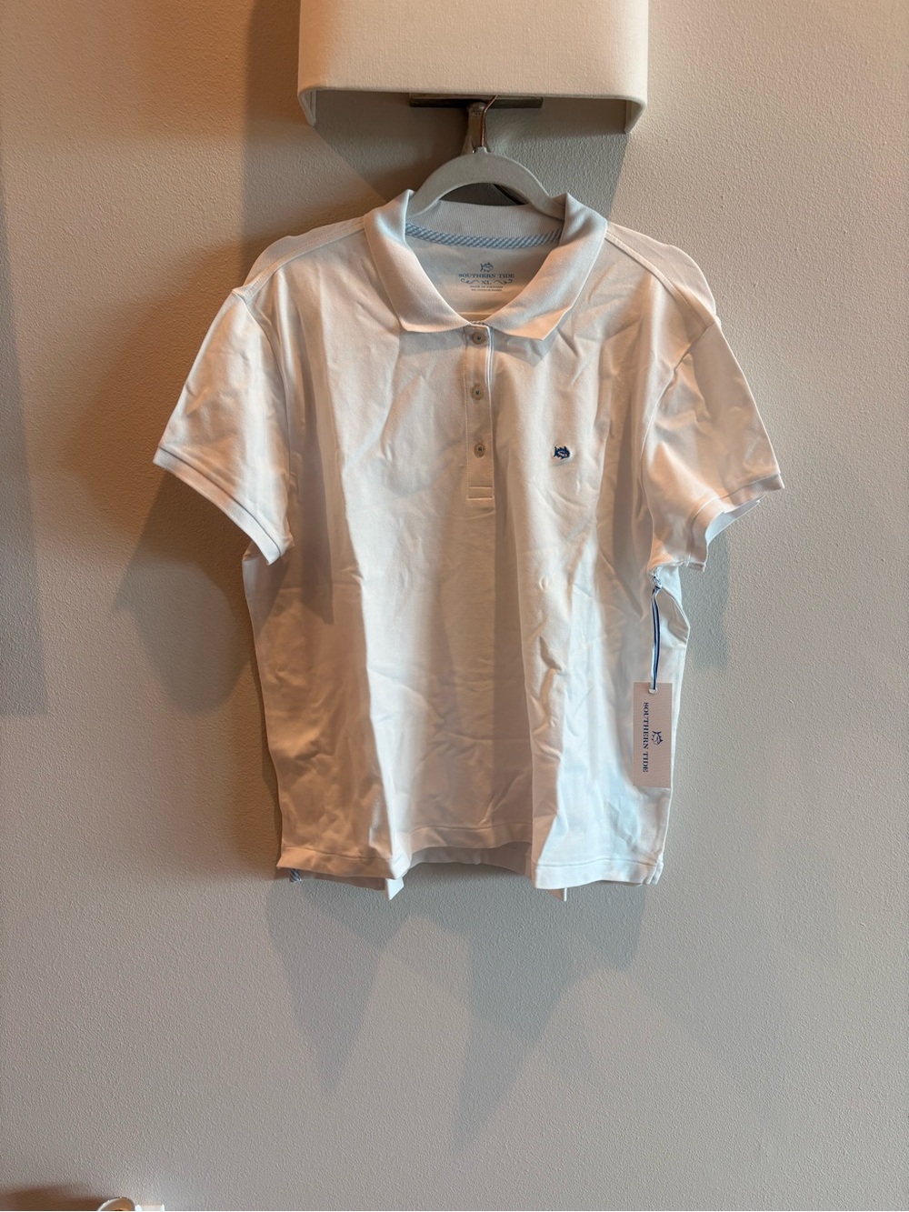 Southern Tide Women’s White Short Sleeve Mesh Cotton Polo Shirt with Logo